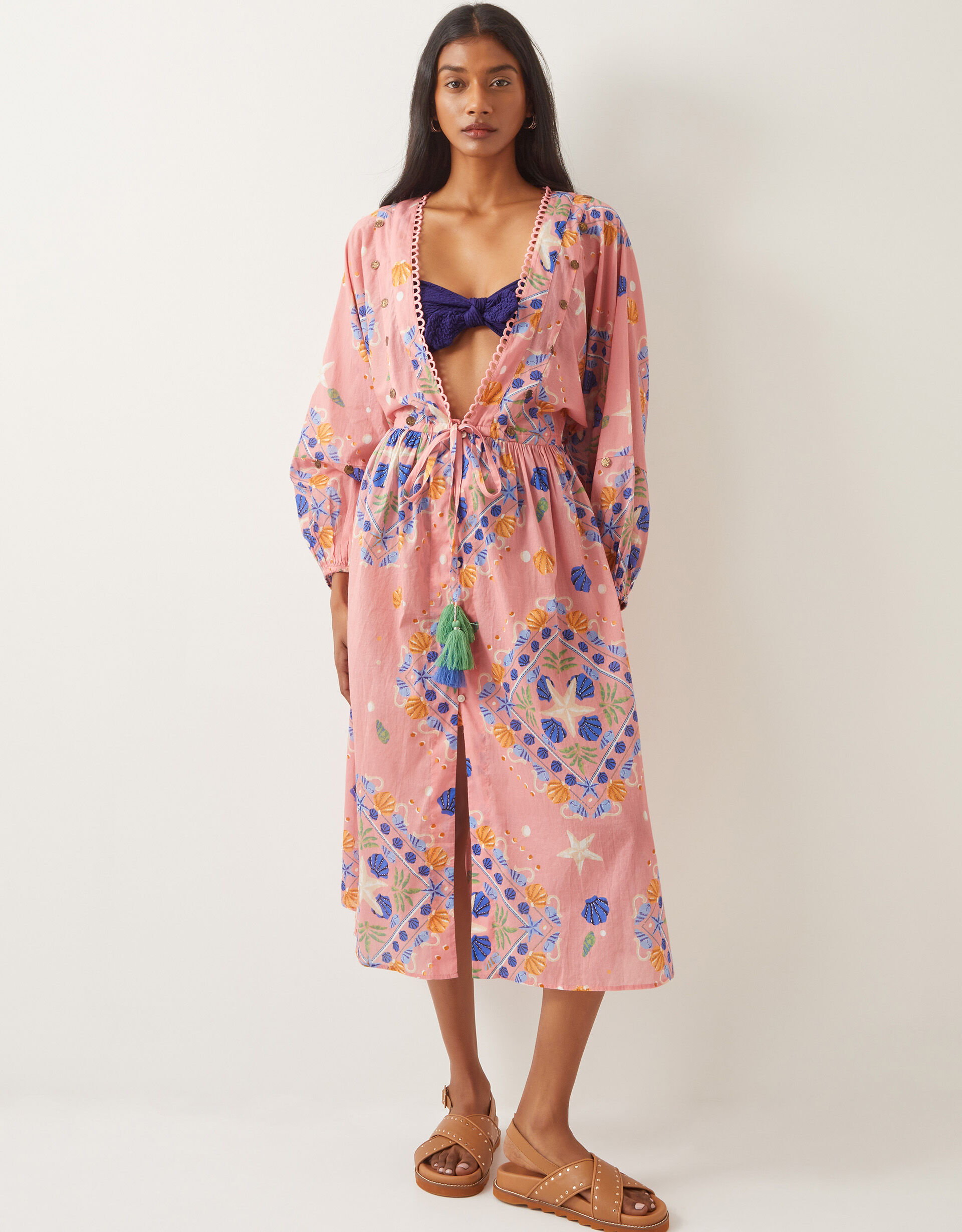 Mabel Shell Print Cotton Kaftan Dress Orange