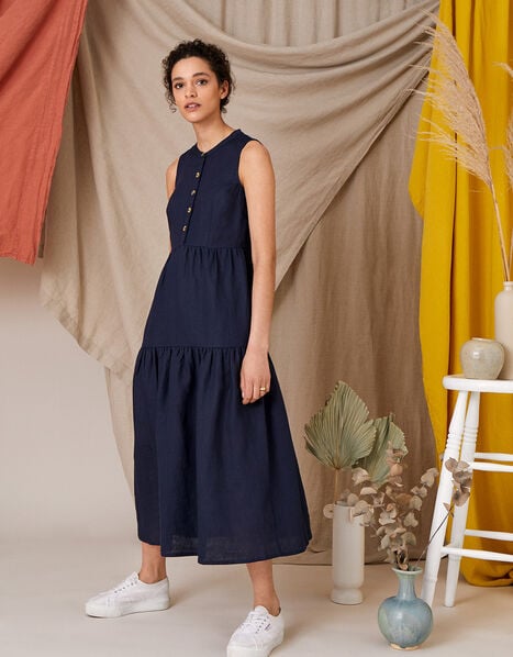 Tiered Midi Dress in Pure Linen Blue, Blue (NAVY), large
