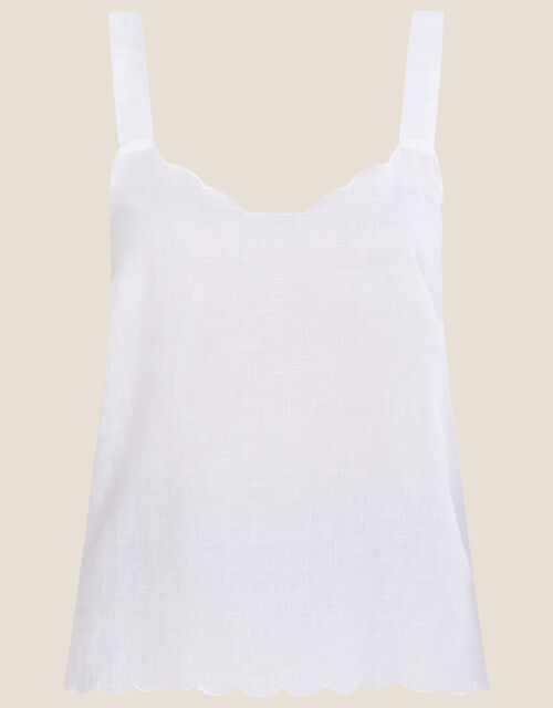 Scallop Plain Cami Top in Linen Blend, White (WHITE), large