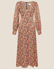 Frida Floral Satin Tea Dress, Black (BLACK), large