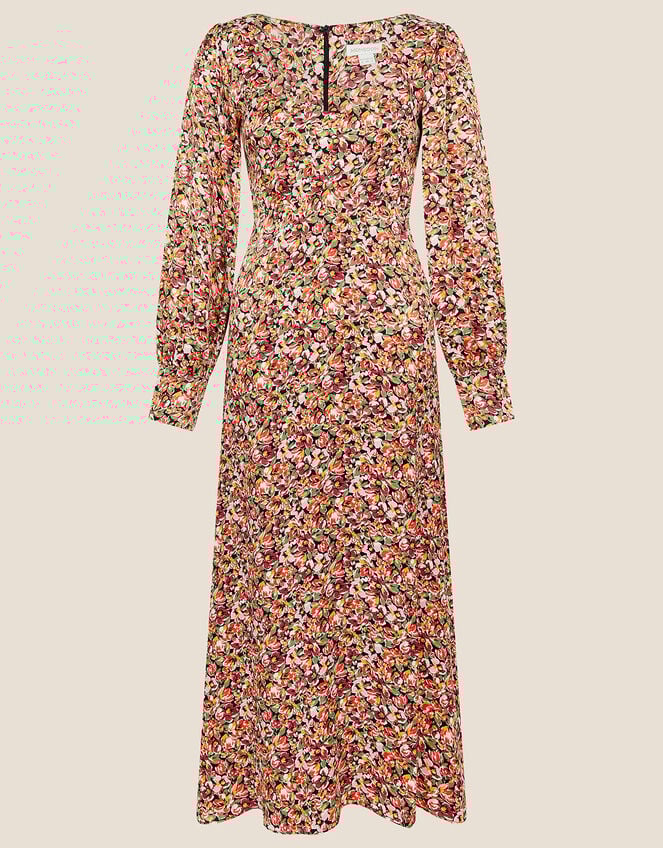 Frida Floral Satin Tea Dress, Black (BLACK), large
