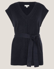 Cohen Tie Waist Cable Knit Vest, Blue (NAVY), large