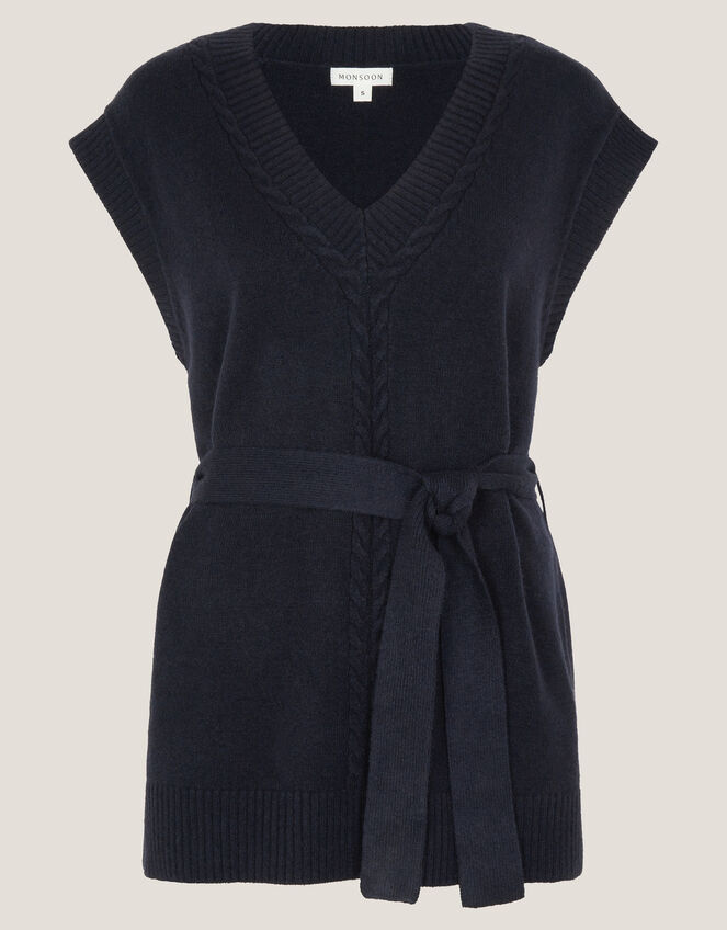 Cohen Tie Waist Cable Knit Vest, Blue (NAVY), large