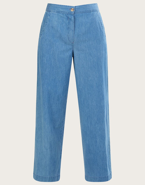 Denim Pull On Crop Trousers in Sustainable Cotton, Blue (BLUE), large