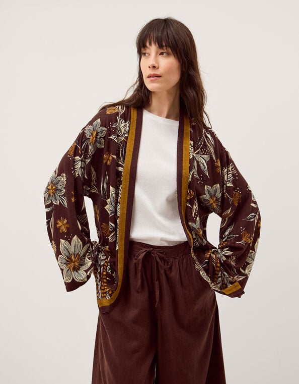 Esther Floral Linen Blend Jacket, Brown (CHOCOLATE), large