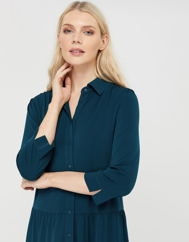 Agnes Tiered Shirt Midi Dress, Teal (TEAL), large