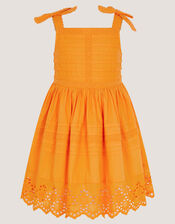 Broderie Pleated Cotton Dress, Orange (ORANGE), large
