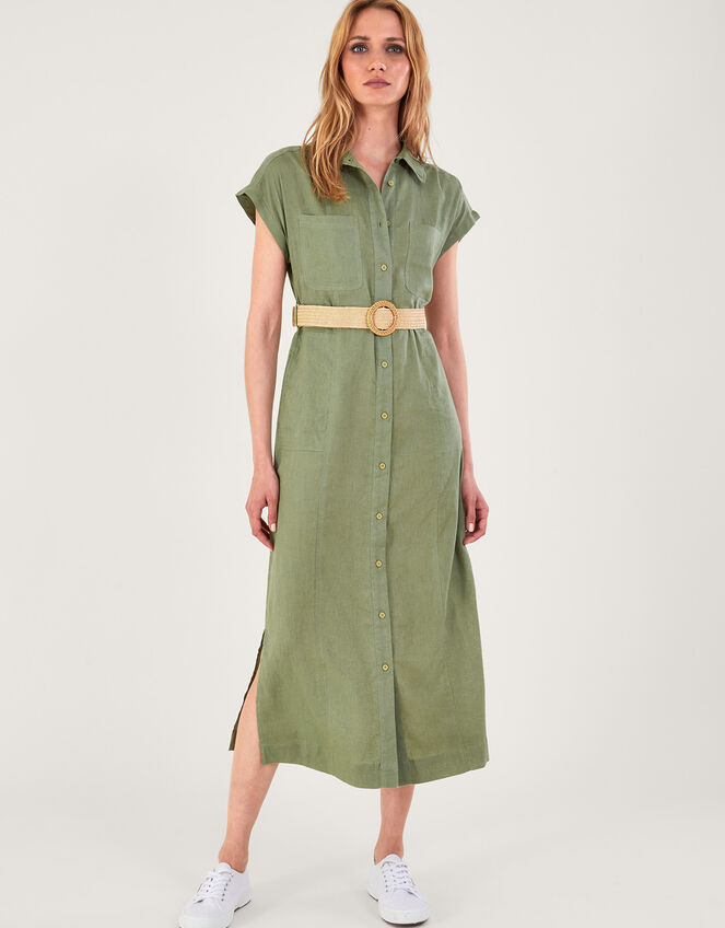 Belted Midi Dress in Linen Blend, Green (KHAKI), large