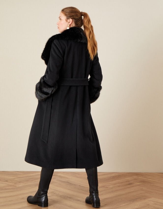 Sadie Faux Fur Trim Wrap Coat, Black (BLACK), large