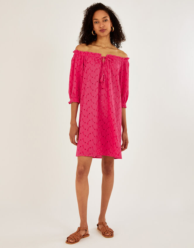Schiffli Off-Shoulder Dress Pink