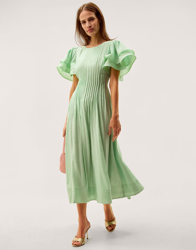 Pelia Flutter Sleeve Pleated Midi Dress Green