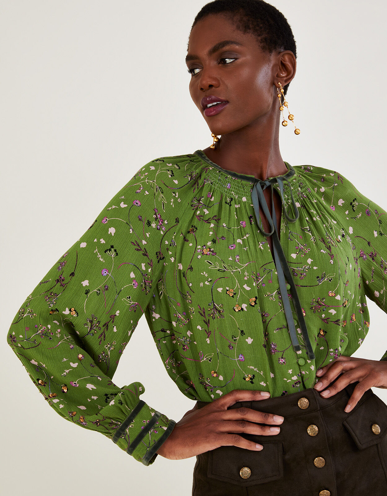 Ditsy Print Sequin Top in LENZING ECOVERO Green