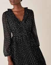 Spot Print Pleated Hanky Hem Dress, Black (BLACK), large