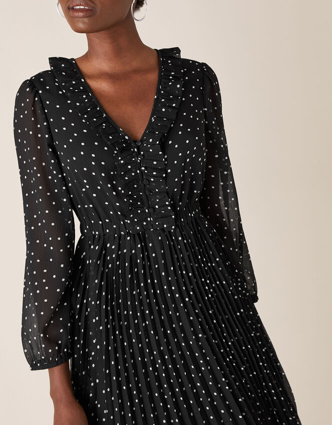Spot Print Pleated Hanky Hem Dress, Black (BLACK), large
