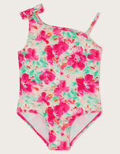 Tropical Floral Asymmetrical Swimsuit, Blue (TURQUOISE), large