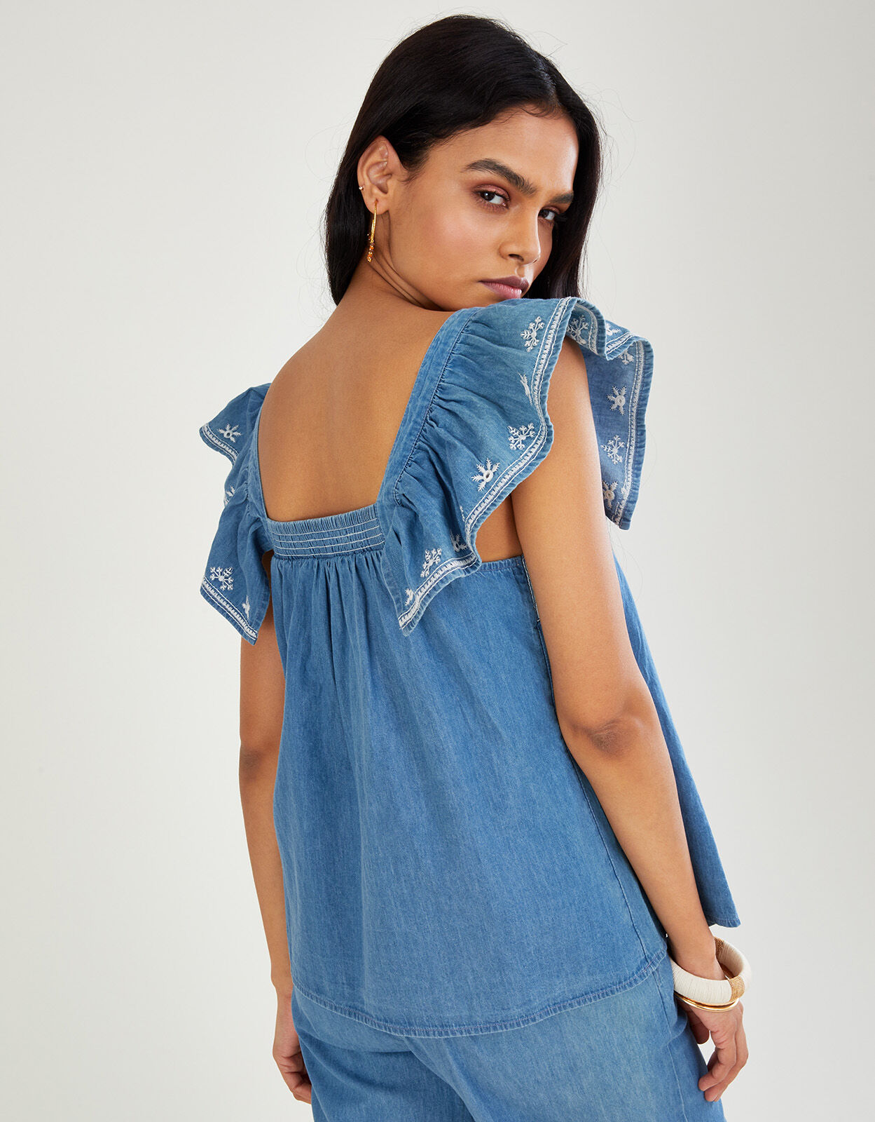 Embroidered denim top discount