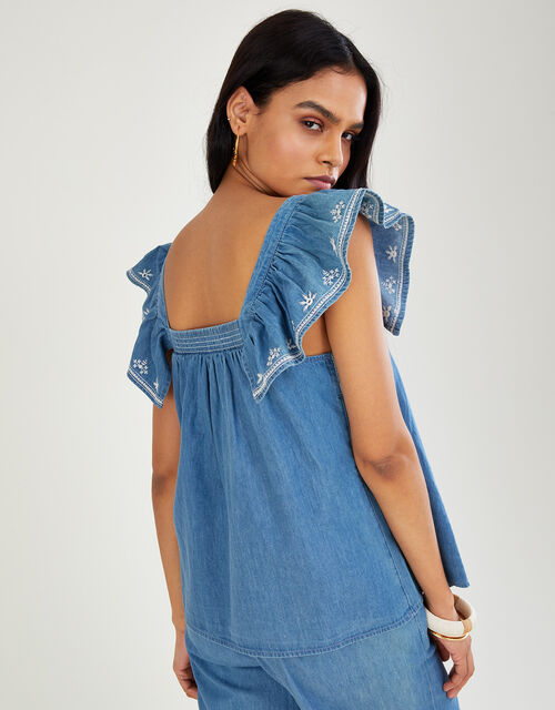 Embroidered Denim Top in Sustainable Cotton, Blue (BLUE), large