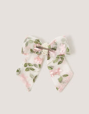 Embroidered Floral Pearl Bow Hair Clip, , large