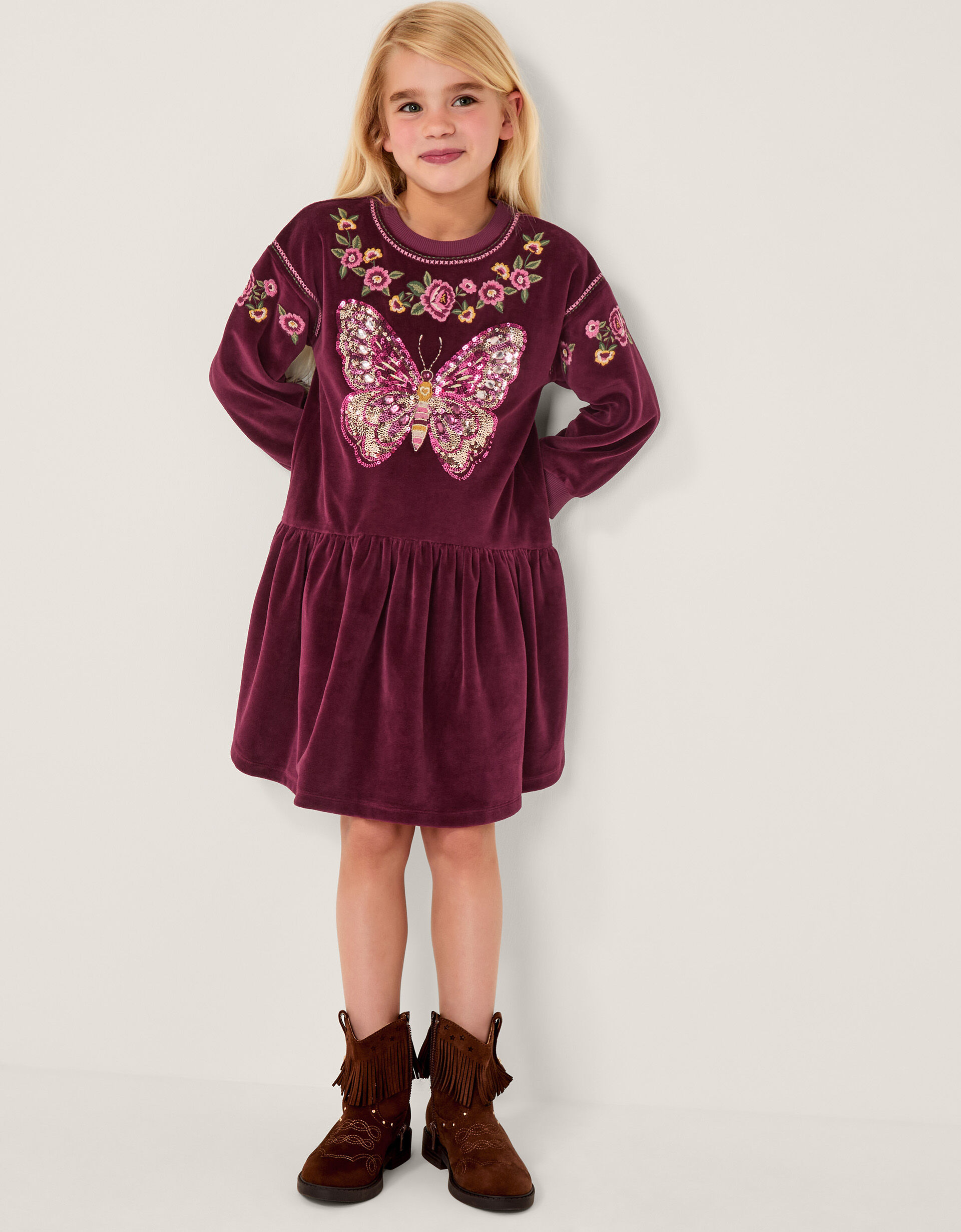 Butterfly Embellished Velour Dress Red
