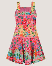 Tropical Flower Print Scallop Trim Dress , Pink (PINK), large