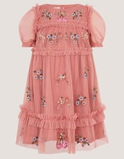 Mon Cheri Floral Embroidered Mesh Dress, Pink (PINK), large