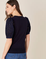 Broderie Sleeve Jumper in Linen Blend, Blue (NAVY), large