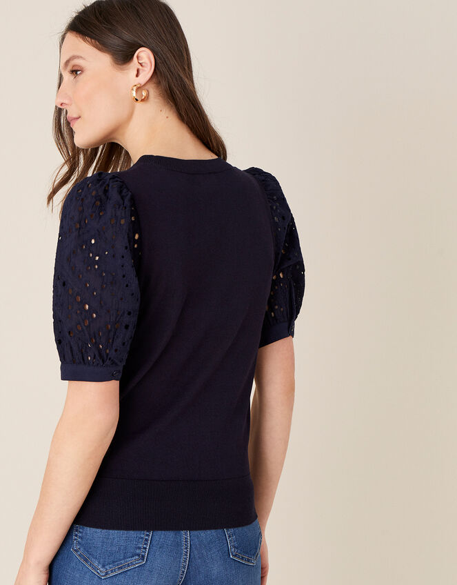 Broderie Sleeve Jumper in Linen Blend, Blue (NAVY), large