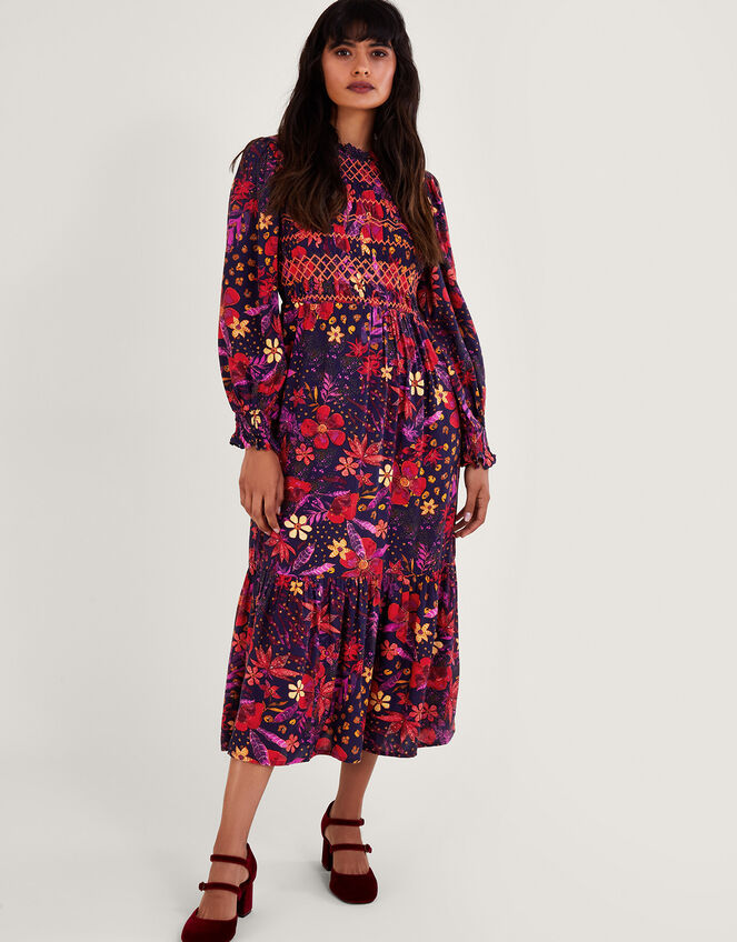 Floral Smock Dress, Blue (NAVY), large