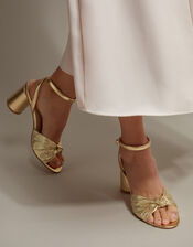 Metallic Twist Front Heeled Sandals, Gold (GOLD), large