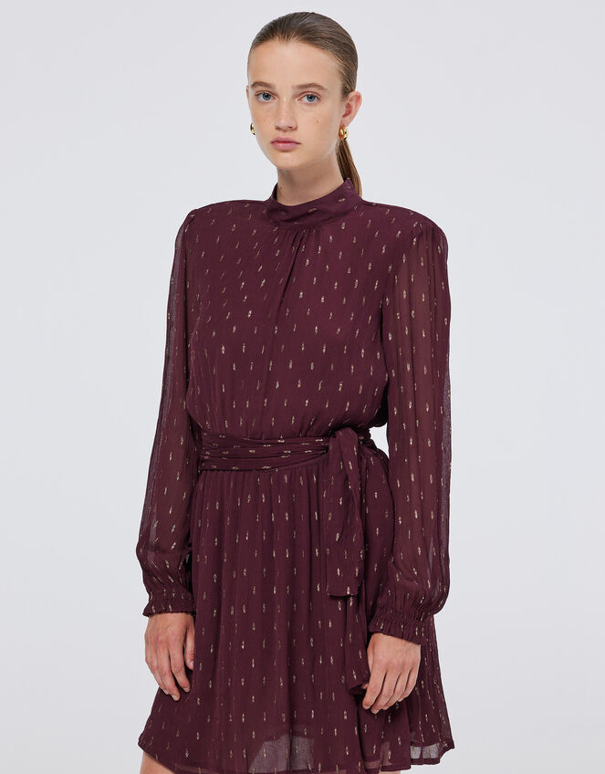 Scotch and Soda Metallic Tie Waist Mini Dress, Red (BURGUNDY), large