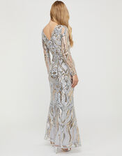Lily Sequin Fishtail Maxi Dress, Silver (SILVER), large