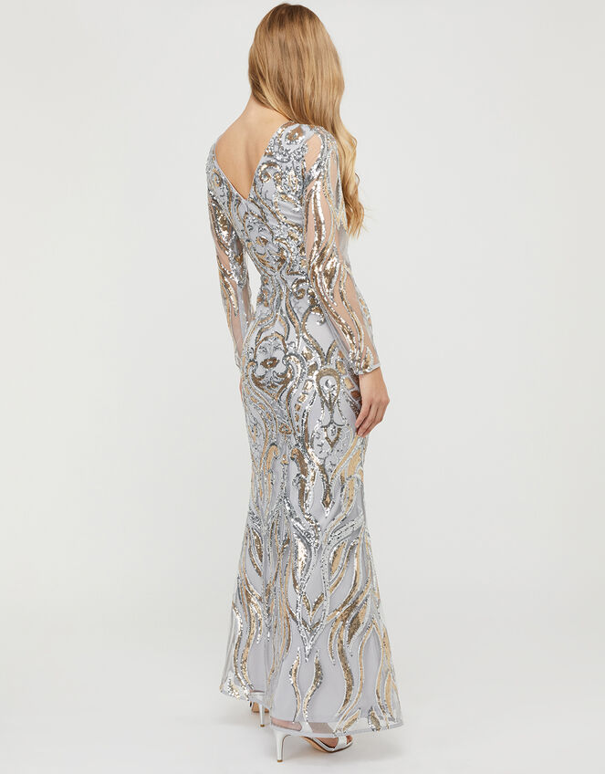 Lily Sequin Fishtail Maxi Dress, Silver (SILVER), large