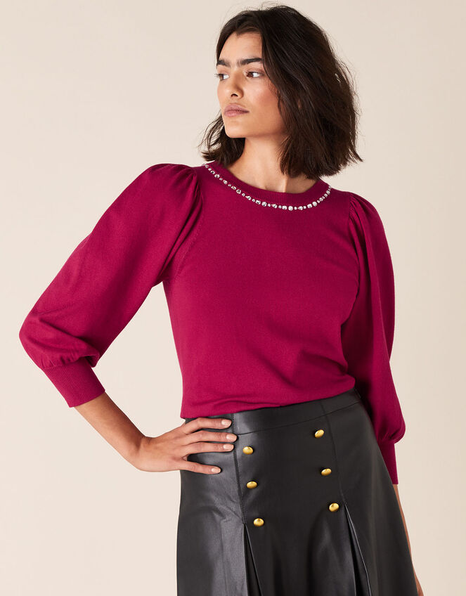 Crystal Neckline Jumper with Sustainable Viscose, Red (BERRY), large