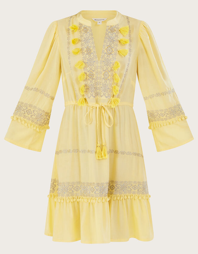 Embroidered Pom-Pom Kaftan Dress in LENZING™ ECOVERO™ , Yellow (YELLOW), large
