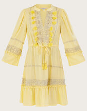 Embroidered Pom-Pom Kaftan Dress, Yellow (YELLOW), large