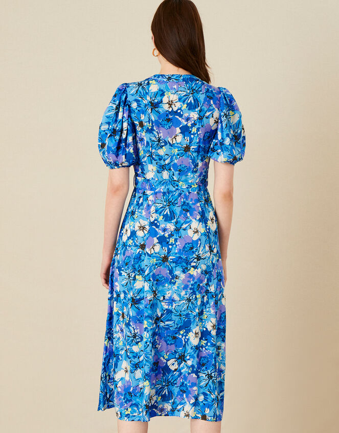 Floral Print V-Neck Shirt Dress , Blue (BLUE), large