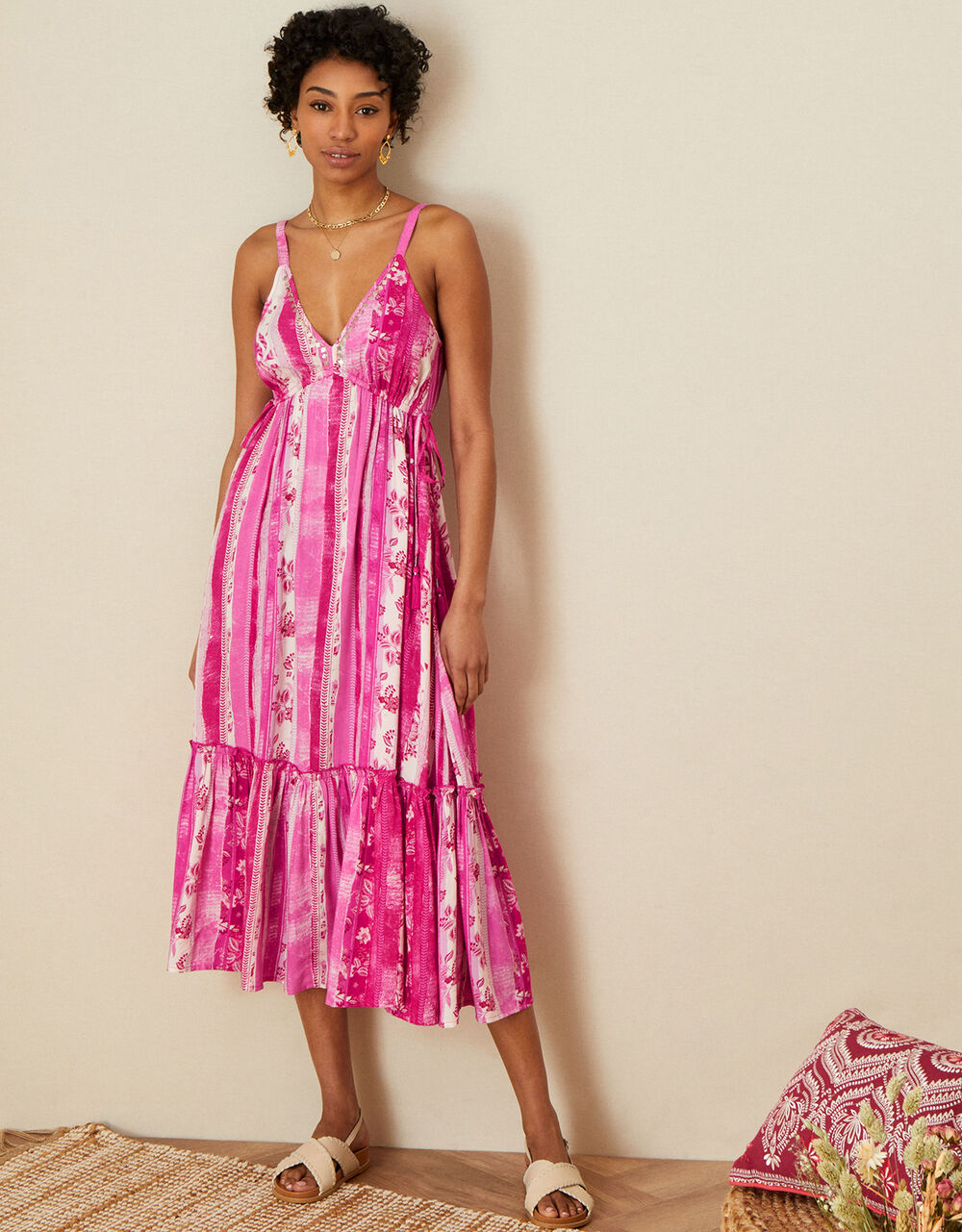 Women Dresses | Multi Stripe Tiered Cami Dress in LENZING™ ECOVERO™ Pink - JC56642