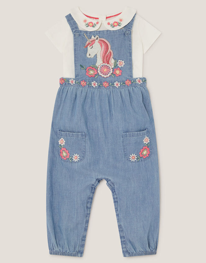 Baby T-Shirt & Unicorn Chambray Dungarees Set, Blue (BLUE), large