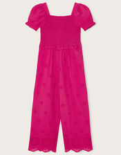 Schiffli Shirred Jumpsuit , Pink (BRIGHT PINK), large
