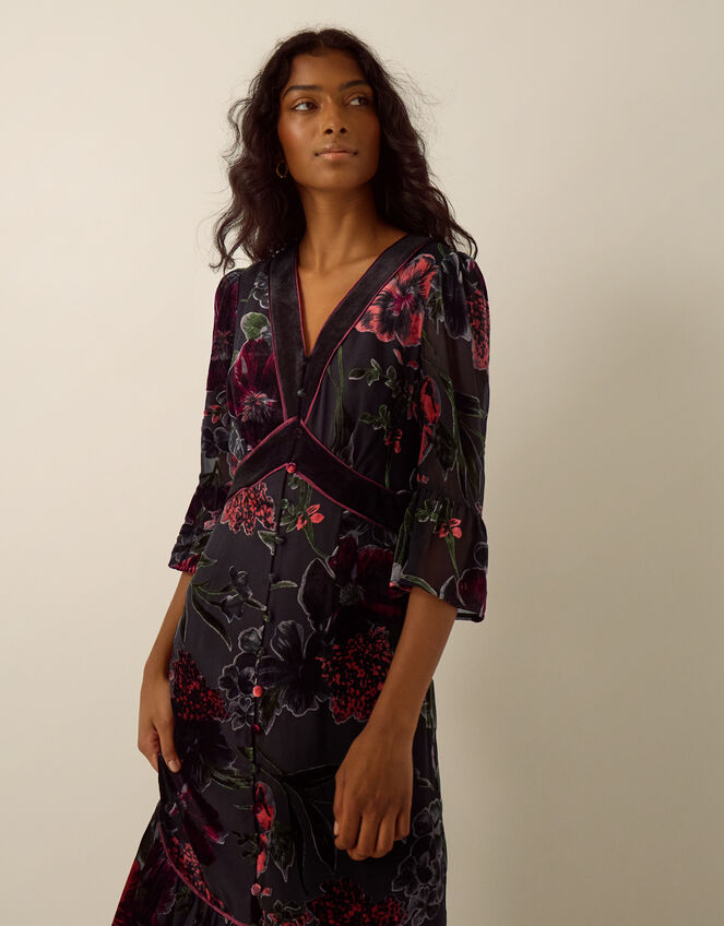 Anya Floral Devor&eacute; Maxi Dress, Red (BURGUNDY), large