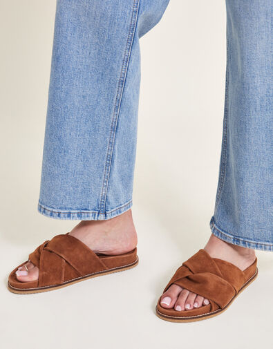 Suede Twist Strap Sandals, Tan (TAN), large