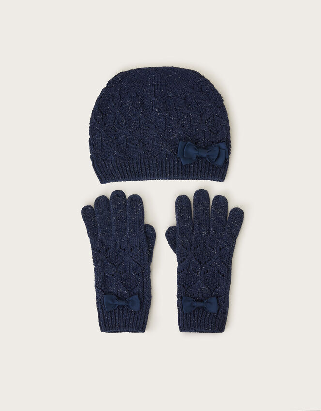 Sparkle Bow Hat and Gloves Set, Blue (NAVY), large