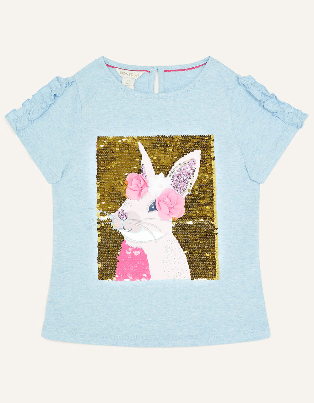 Children Girls 3-12yrs | Square Sequin Bunny Short Sleeve T-Shirt Blue - AR41993