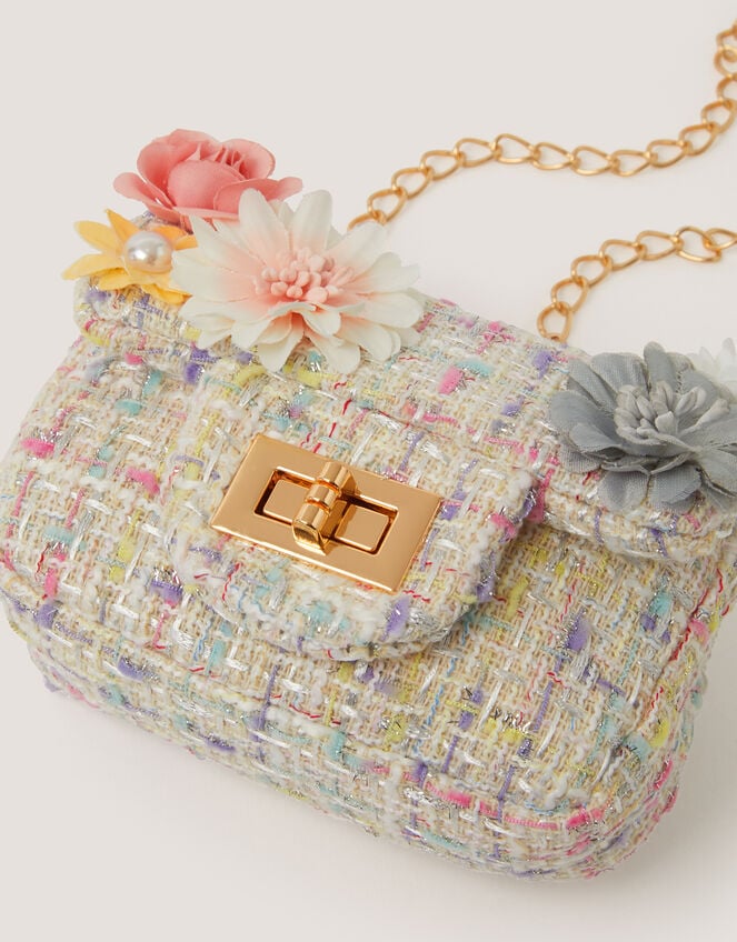 Mini Flower Embellished Boucle Bag, , large