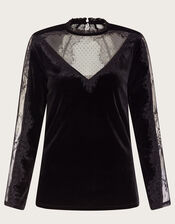 Vanya Lacy Velvet Long Sleeve Top, Black (BLACK), large