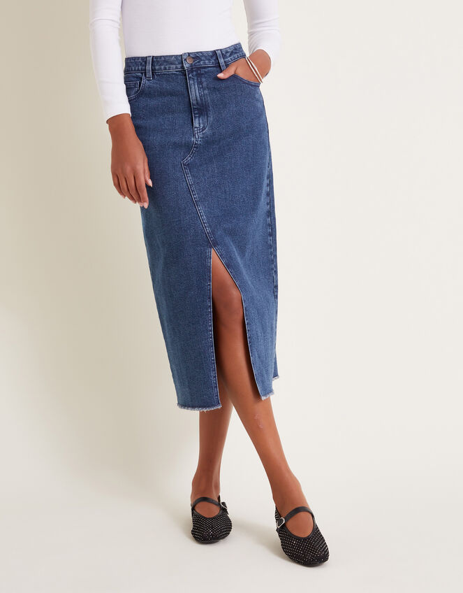 Sasha Split Denim Midi Skirt, Blue (DENIM BLUE), large