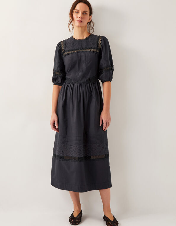 Odilia Broderie Puff-Sleeve Midi Dress, Black (BLACK), large