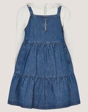 Long Sleeve Top & Denim Pinafore Dress Set , Blue (BLUE), large
