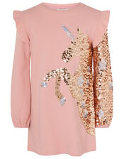 Sequin Unicorn Sweat Dress in Organic Cotton, Pink (PINK), large