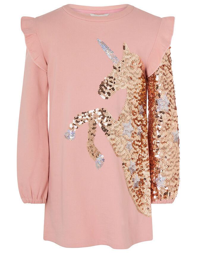 Sequin Unicorn Sweat Dress in Organic Cotton, Pink (PINK), large